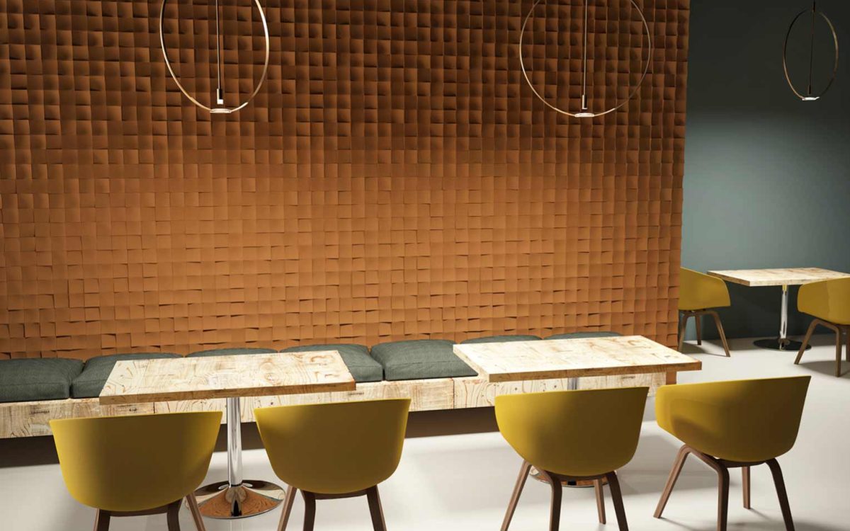 Paneles decorativos geométrico modelo Inner terracota en cafetería o restaurante