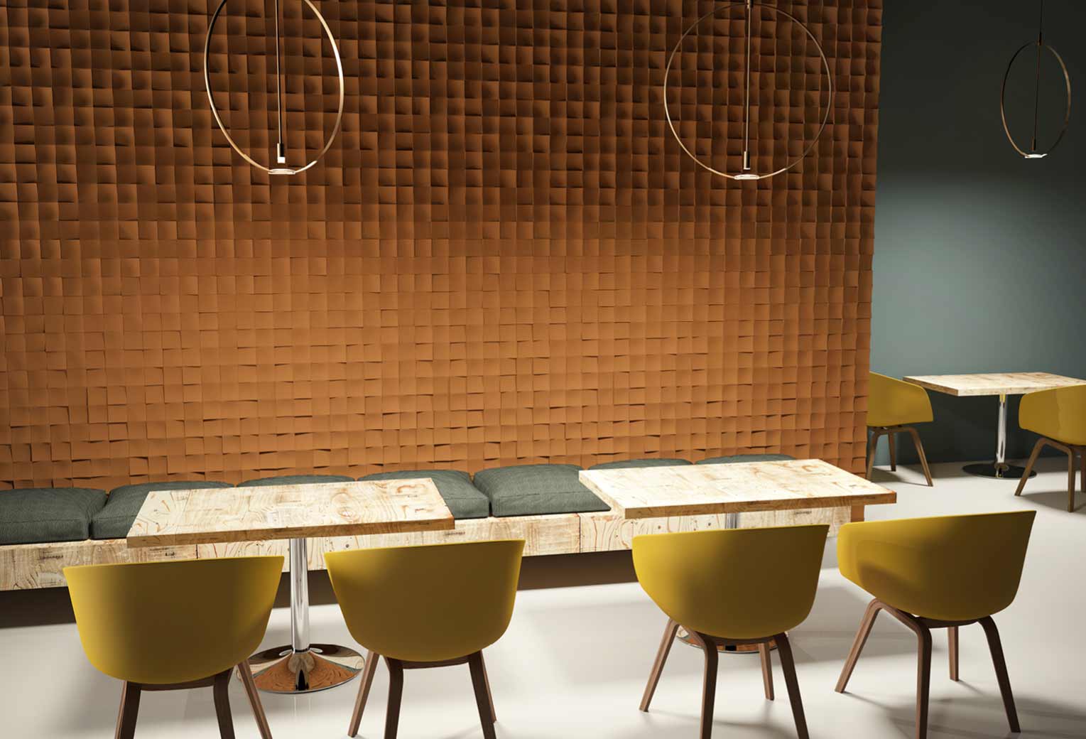 Paneles decorativos geométrico modelo Inner terracota en cafetería o restaurante