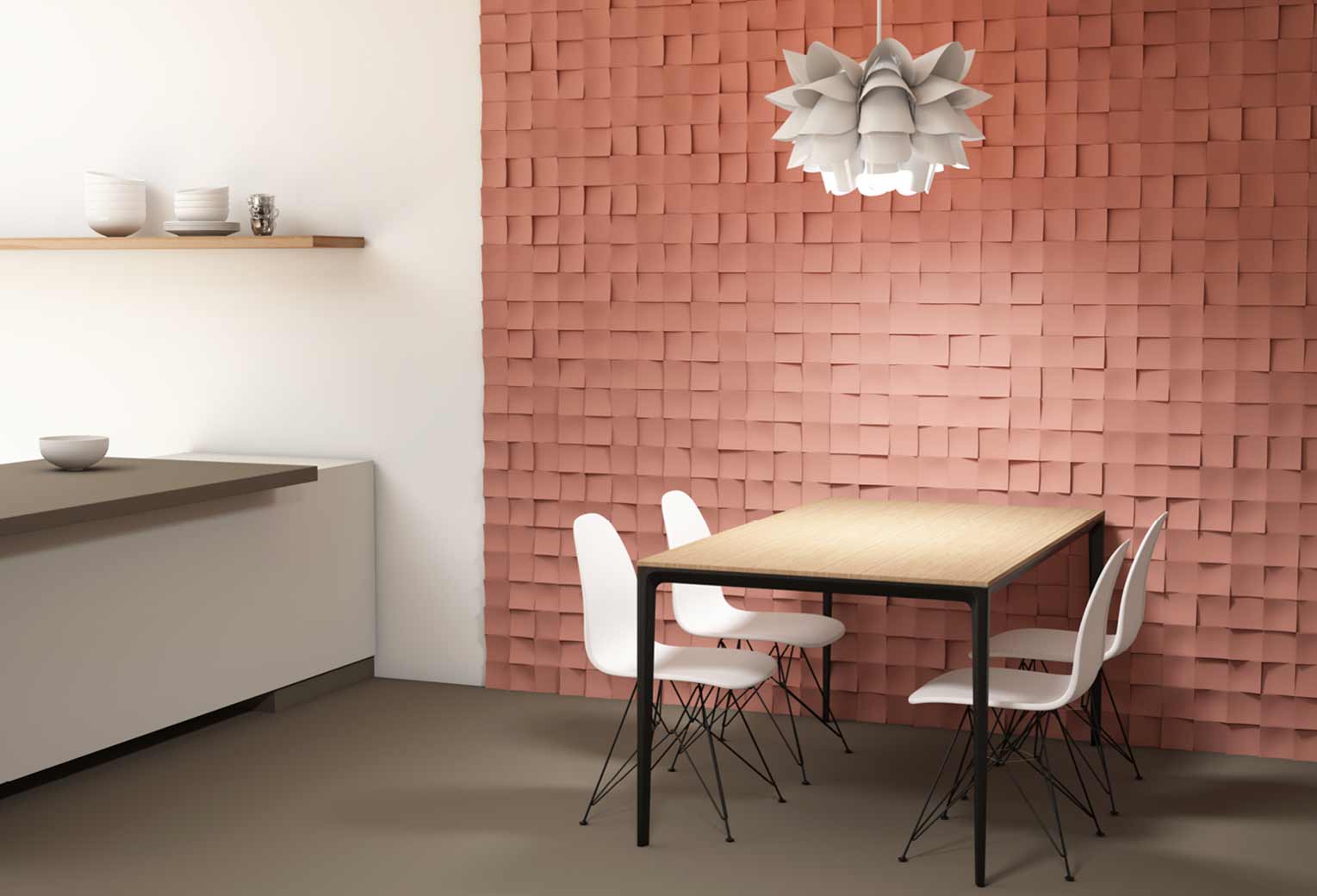 Paneles decorativos geométrico modelo Inner terracota en pared de cocina