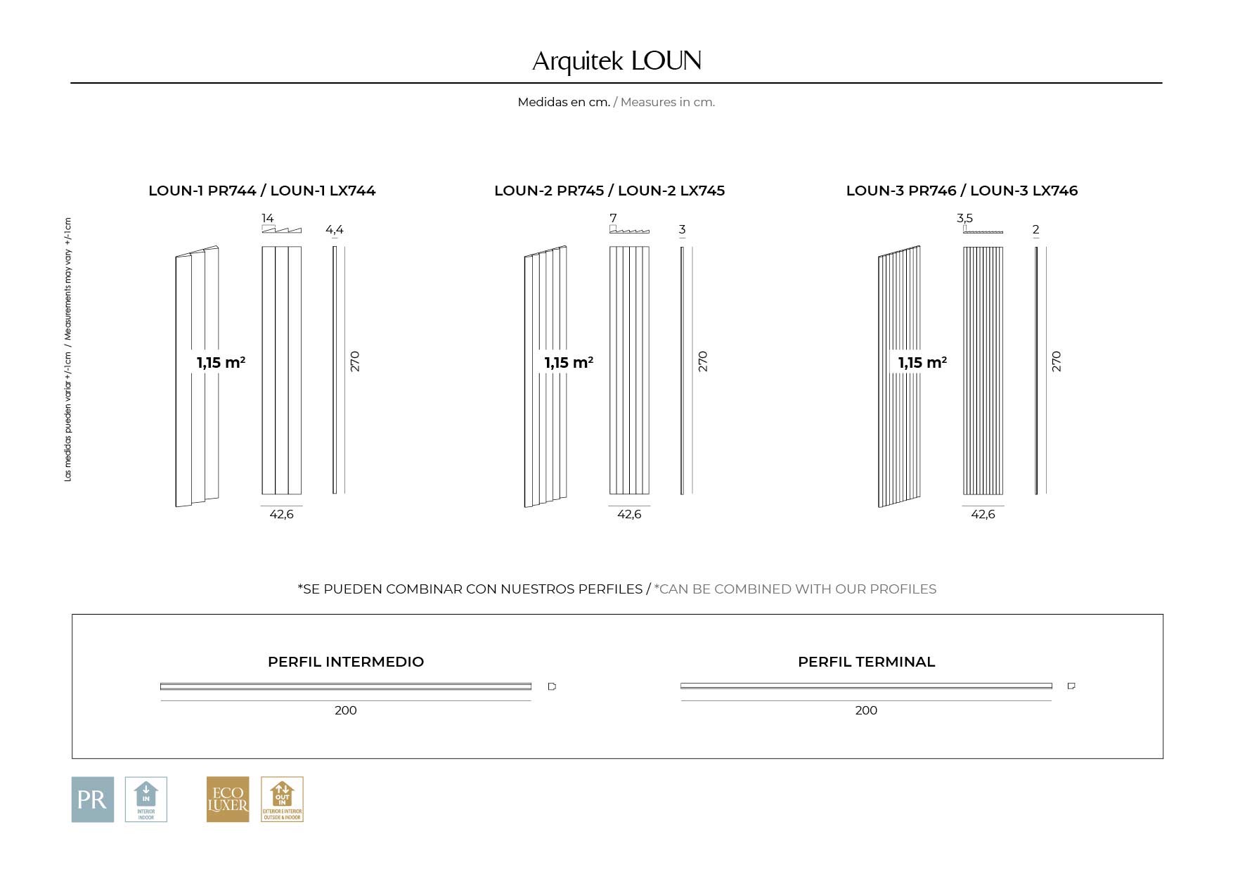 Ficha técnica Panel Decorativo Loun con medidas, diseños