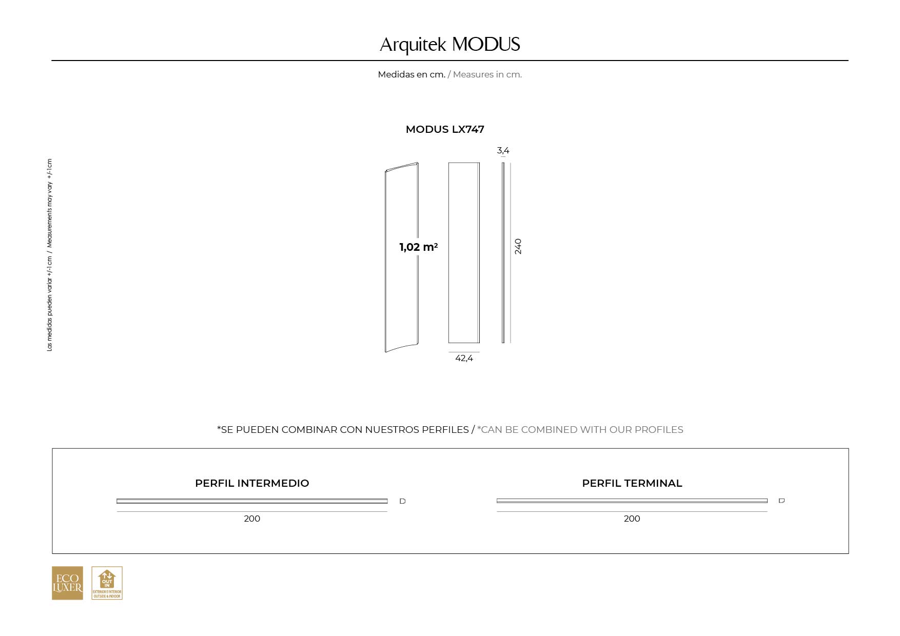 Ficha técnica Panel Decorativo Modus con medidas, diseños