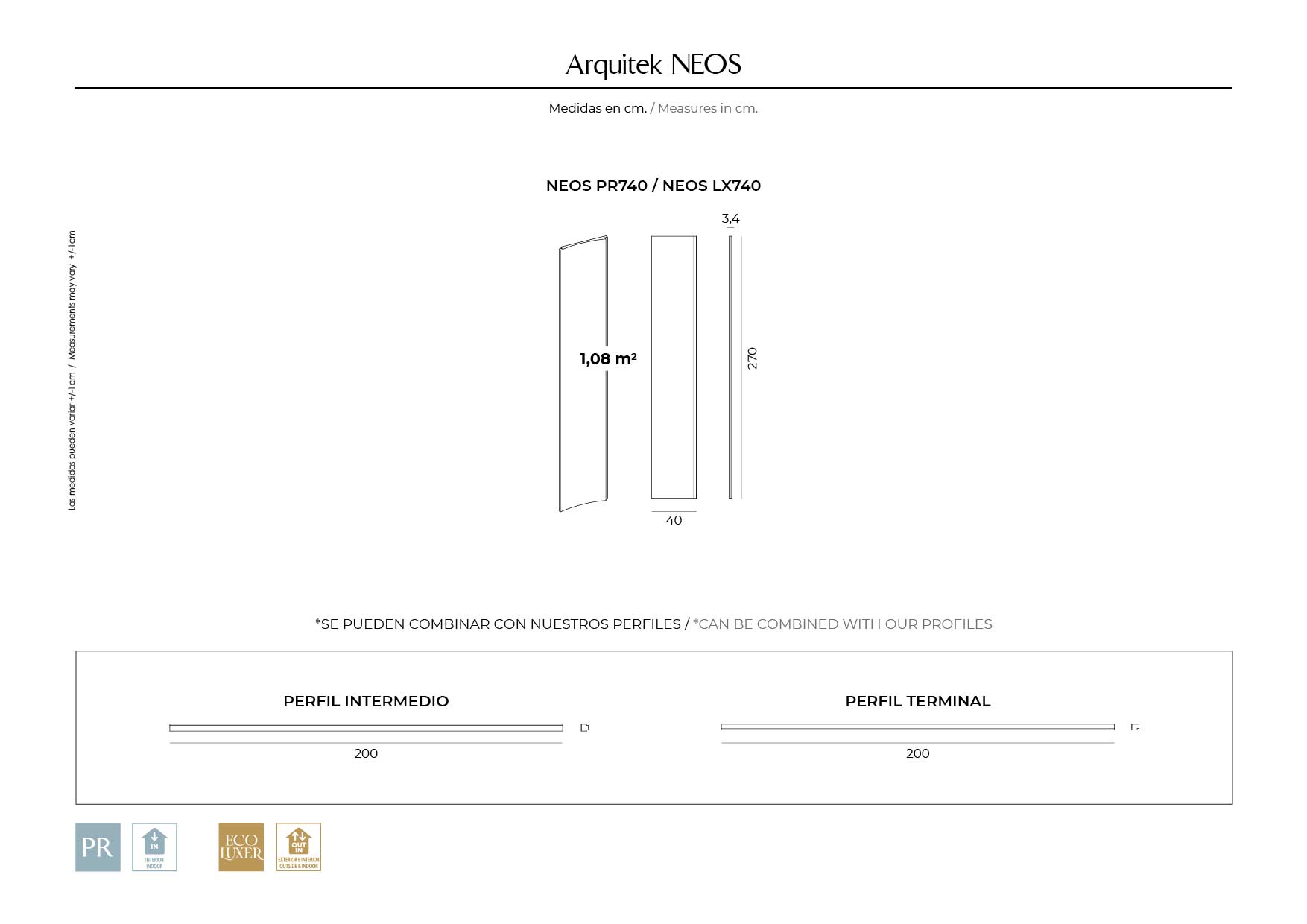 Ficha técnica Panel Decorativo Neos con medidas, diseños