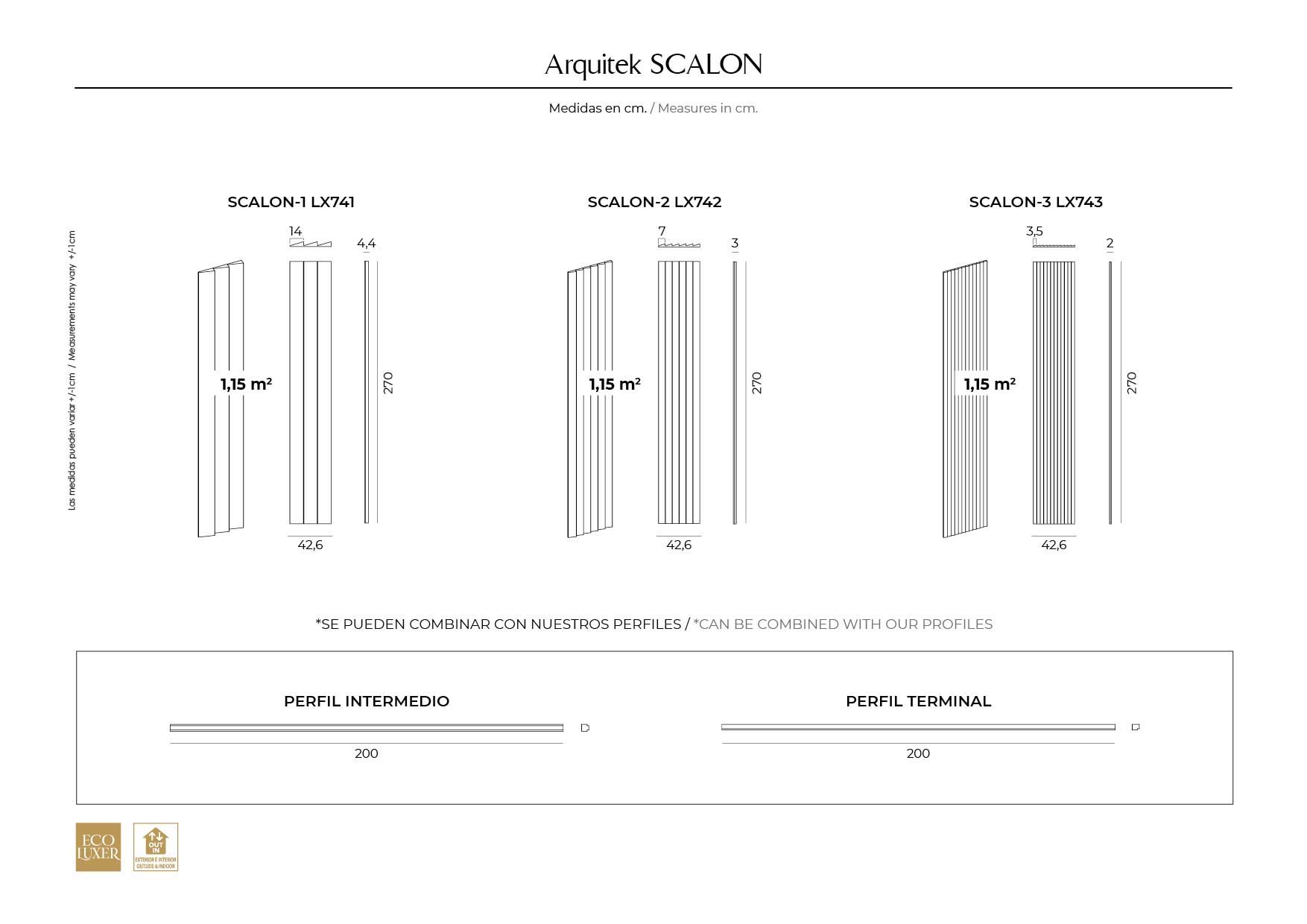 Ficha técnica Panel Decorativo Scalon con medidas, diseños