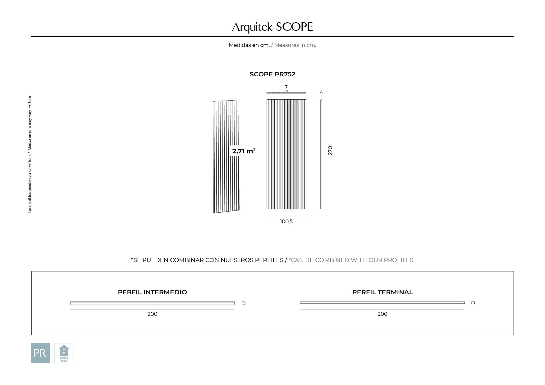 Ficha técnica Panel Decorativo Scope con medidas, diseño